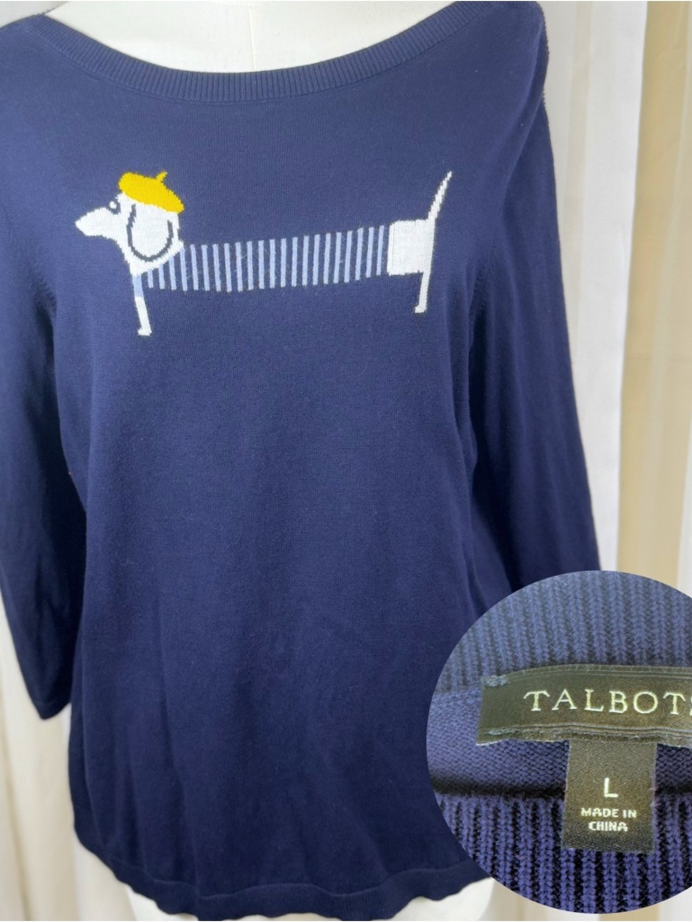 Talbots soft Navy Blue Sweater with White Dachshund and Yellow Beret size large